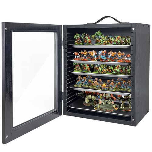 Miniature Storage Case for Collectibles Miniatures, Wooden Miniature Carrying Case with 5 Metal Trays, Miniatures Transport Case, Black - color: Black