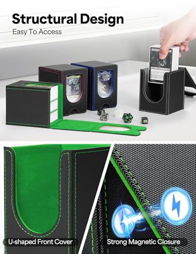Card Deck Box for MTG Commander, Card Case Holds 100+ Double-Sleeved Cards, Magic Card Box Fits for TCG/PTCG/CCG Card with 2 Dividers (Black&Green) - color: Black&Green