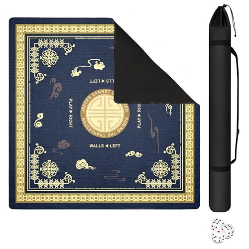 Mahjong Mat with Black Carrying Bag, 31.5"x31.5" Anti-Slip Noise Reduction Gaming Mat for Mahjong, Poker, Board Games, 3 Dice & Black Storage Bag - color: Navy Blue