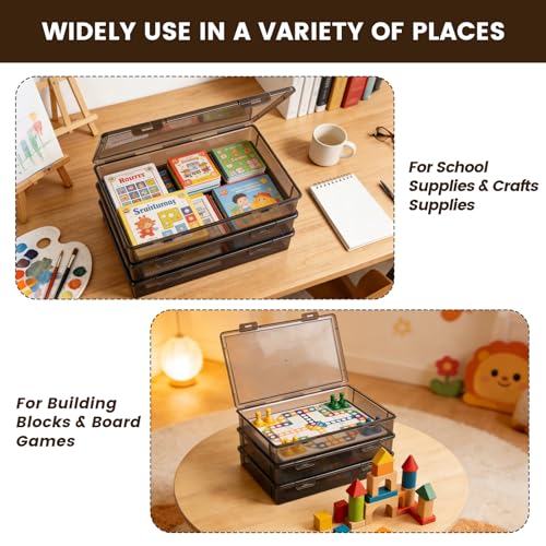 Board Game Storage, 3 Pack Stackable Board Game Storage Box with Snap Tight Latch Lid, Plastic Case Bin for Games Puzzle Magazine A4 Paper Craft Hobby (Black) - color: Translucent Black