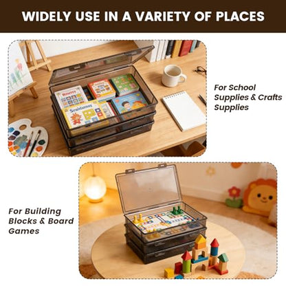 Board Game Storage, 3 Pack Stackable Board Game Storage Box with Snap Tight Latch Lid, Plastic Case Bin for Games Puzzle Magazine A4 Paper Craft Hobby (Black) - color: Translucent Black