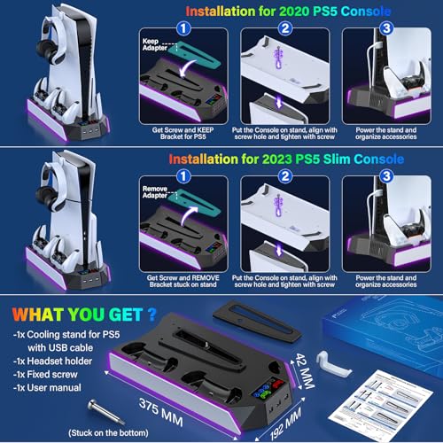 PS5/PS5-Slim-Cooling-Station-with-Controller-Charging-Station for PlayStation 5 Console Disc/Digital, LED Light Cooling Stand with Cooler Fan for PS5 Accessories with 3 USB Hubs/Headset Holder