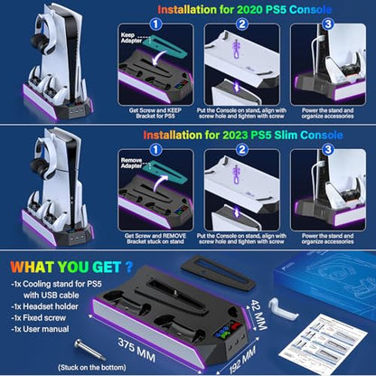 PS5/PS5-Slim-Cooling-Station-with-Controller-Charging-Station for PlayStation 5 Console Disc/Digital, LED Light Cooling Stand with Cooler Fan for PS5 Accessories with 3 USB Hubs/Headset Holder