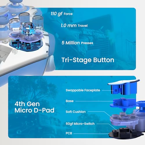 ZD O+ Excellence Wireless PC Controller – Modular Design, Hall Effect Joysticks, Remappable Buttons, RGB & Audio Jack for Switch/Switch2, PC, Android, iOS & Steam (Clear Blue) - color: Clear Blue