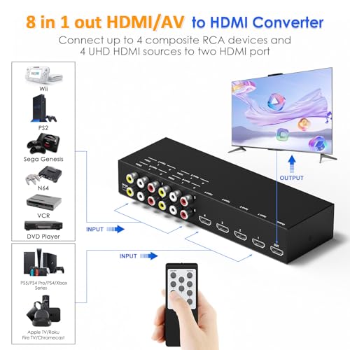 8-in-1 HDMI/AV Switch with Remote Control, 4K@60Hz 4:4:4, 4×HDMI & 4×RCA Inputs to 1×HD MI Output, HDR10/Dolby Vision, 18Gbps, 3D Support for TV/Projector/Monitor - size: 4 HDMI+4 RCA Inputs & 1 HDMI Output