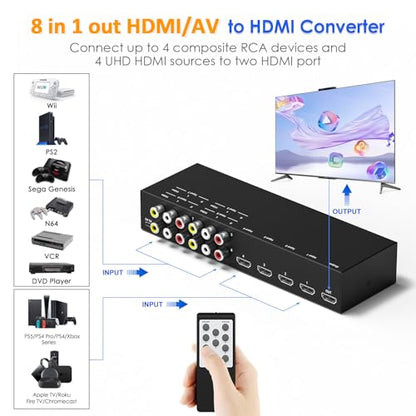 8-in-1 HDMI/AV Switch with Remote Control, 4K@60Hz 4:4:4, 4×HDMI & 4×RCA Inputs to 1×HD MI Output, HDR10/Dolby Vision, 18Gbps, 3D Support for TV/Projector/Monitor - size: 4 HDMI+4 RCA Inputs & 1 HDMI Output