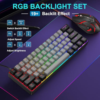 BlueFinger 60% Mechanical Gaming Keyboard and Mouse Combo - RGB Rainbow Backlit 61 Keys Red Switch Keyboard & 4 DPI LED Gaming Mouse, USB Wired Set for PC Laptop Xbox PS4 PS5, White (Black & Gray) - color: Black & Gray