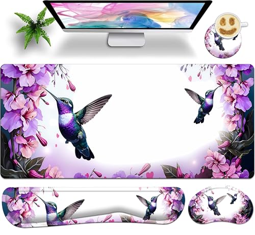 Premium Large Gaming Mouse Pad Set 35.4 x 15.7 with Keyboard Wrist Rest, Wrist Support, and Coaster Memory Foam Smooth Desk Pad Mousepad for Home Office School - Hummingbird Floral - color: Hummingbird Floral, size: 35.4" x 15.7" x 0.12" (Set of 4 Items)