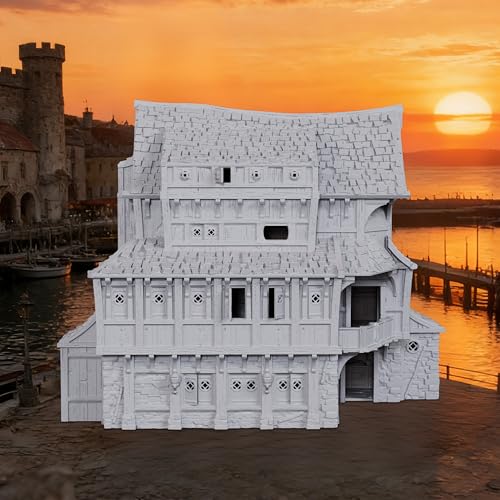 AUSPDICE DND Terrain 25mm 도색되지 않은 도크 빌딩, 석재 및 목공 풍경 | 1:64 스케일 멀티 레벨 하버 하우스, 던전 앤 드래곤 TTRPG 및 판타지 워게임용 디테일한 지붕 타일 포함 - AF1154E - color: Af1154e Dock Buildings E