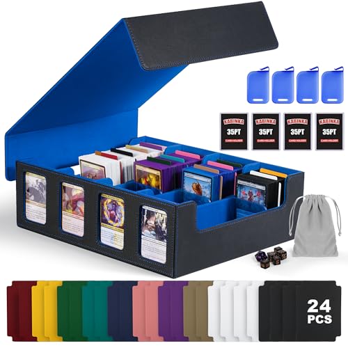 Trading Card Storage Box with Commander Display , 4-Row Deck Case with Removable Lid; 2400+ Card Deck Box for MTG TCG Sports Card, 4 Top Loaders, 4 Stoppers, 24 Dividers,1 Dice Bag (Black Blue) - color: A1-Black& Blue, size: 2400+