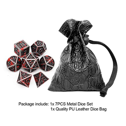 Haxtec Bloodstained Metal DND Dice Set Blood Polyhedral D&D Dice with Leather Dice Bag Compatible with Dungeons and Dragons Gift for DND Lovers TTRPG DM Masters Antique Metal Halloween Dice - color: Iron Red