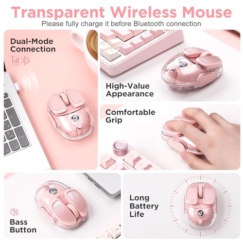 Q9 Wireless Computer Pink Mouse, 2.4GHz/Bluetooth Cute Mouse | Ergonomic Optical Transparent Mouse with RGB Lighting,Silent Clicks,4 DPI Adjustment Levels,Compatible With PC, Mac, Laptop - color: Pink