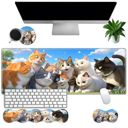 Large Gaming Mouse Pad Set with Wrist Support – 31.5" x 11.8" 4-in-1 XXL Mousepad with Keyboard Wrist Rest, Mouse Wrist Rest & Coaster – Ergonomic Desk Mat for Office, Home – Cat Family - color: Cat Family