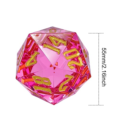 55mm 20 Sided DND Dice, Giant D20 D&D Polyhedral Dice Large D20 with Die Gift Box for Dungeons and Dragons, RPG Table Games (Transparent Peach/Gold Numbers) - color: Transparent Peach/Gold Numbers