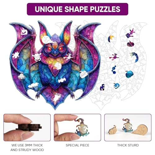 MEATRN Wooden Puzzles for Kids, Stained Glass Bat Wood Puzzles Adult, 198 Pcs - color: Bat, size: Small