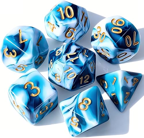 CiaraQ 7pcs Polyhedral Dice Set for Dungeon and Dragons MTG Table Games | Acrylic RPG Dice for D&D with Black Velvet Bag – Blue & White Mix – Standard Size – Ages 14+ - color: Teal Mixed White