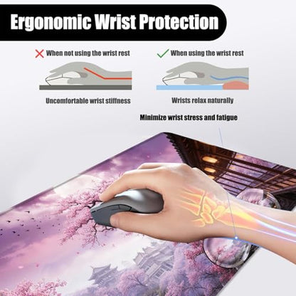 Mouse Pad,Large Desk Mat Set, 4in1 XL Mousepad + Keyboard Wrist Rest+Mouse Wrist Rest+Coaster with Ergonomic Desk Pad for Home Office Table Computer Cover -Cherry Blossom Tree - color: Cherry Blossom Tree