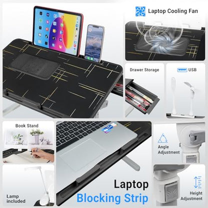 Adjustable Laptop Lap Desk with Cooling Fan USB Light for Adults 60x40cm,Black - color: Black,60*40cm