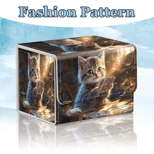 Commander Deck Box for Trading Cards - Fits 100+ Double Sleeved Cards, PU Leather MTG TCG Storage Case with Strong Magnetic Closure, Cat Playing Cards - color: Cat Playing Cards