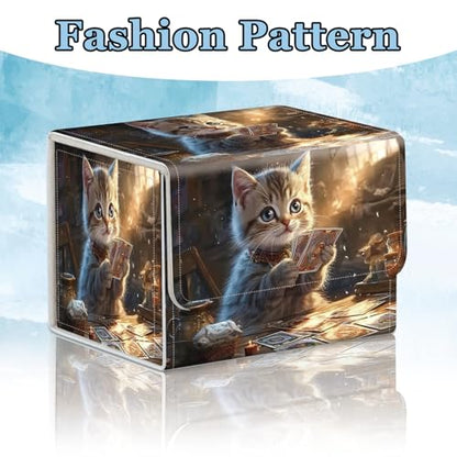 Commander Deck Box for Trading Cards - Fits 100+ Double Sleeved Cards, PU Leather MTG TCG Storage Case with Strong Magnetic Closure, Cat Playing Cards - color: Cat Playing Cards