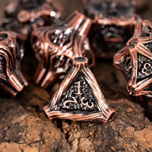 Metal Dice Set D&D 7PCS Metal DND Dice Set Copper for Tabletop Games | Leather Storage Bag, DM Gift, for Dungeons and Dragons Role Playing Games - color: Metal Tree-acopper