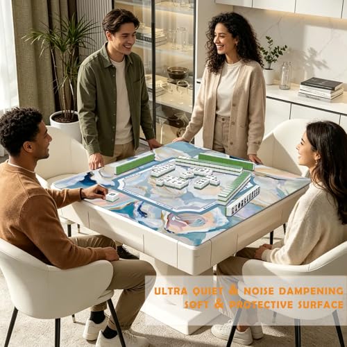 Coastal Mahjong Mats Cover, Summer Beach Mahjong Mat for Table 31.5 Inch | Blue Oyster Mahjong Mat With Rules, Noise Reduction Mahjong Game Pad, Beach Mahjong Gifts, Beach Mah Jong Mats - color: Blue Oyster and Summer