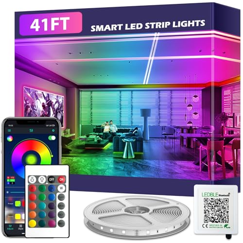 41FT Led Strip Lights,Long Smart Led Light Strips Music Sync 5050 RGB Color Changing Rope Lights,Bluetooth APP/IR Remote/Switch Box Control Led Lights for Bedroom,Home Decoration,Party,Festival - size: 41FT
