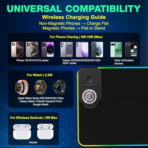 RGB Gaming Mouse Pad Wireless Charging Desk Mat with Foldable Phone Stand, Large LED Gaming Mat 800x350x4mm, 15 Light Modes, Waterproof, Keyboard Pad for PC Computer, Includes 20W PD Power Adapter
