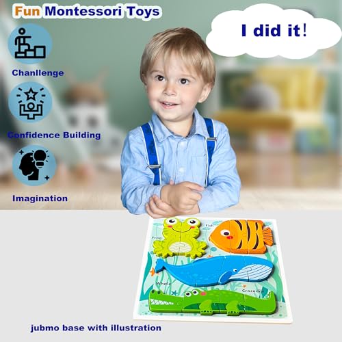Toddlers Wooden Montessori Puzzles, Educational Jigsaw for Ages 1-4,Toddler Toys 2-3 Year Old Learning Gifts for Boys Girls Kids - color: Sea Animal