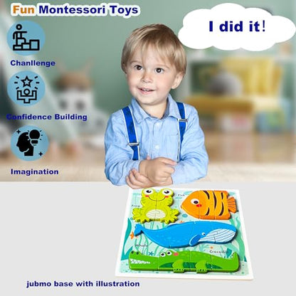 Toddlers Wooden Montessori Puzzles, Educational Jigsaw for Ages 1-4,Toddler Toys 2-3 Year Old Learning Gifts for Boys Girls Kids - color: Sea Animal