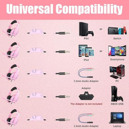 BENGOO G9000 Professional Gaming Headset for PS4, PC, Xbox One Controller, Noise Cancelling Over Ear Headphones with Mic, LED Light, Bass Surround, Soft Memory Earmuffs for Laptop - Pink - color: Pink
