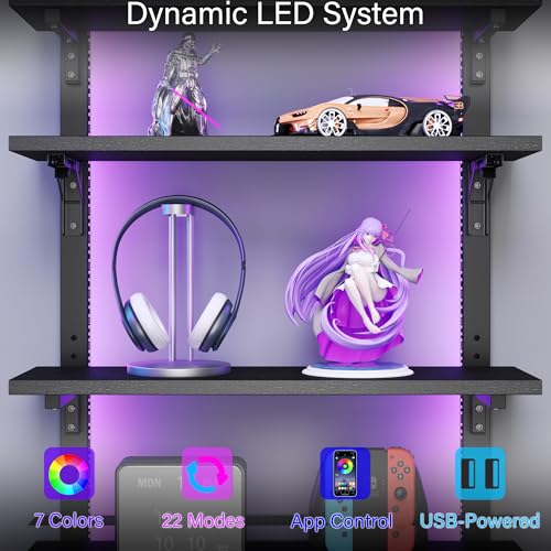 Spacesea Foldable Gaming Floating Shelves with Adjustable Shelf, 24 Inch Wall Mounted Shelves with Dynamic LED, 4 Tier Wall Mounted Shelves with Towel Bar & 8 Hooks, Cool Wall Display Rack