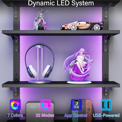 Spacesea Foldable Gaming Floating Shelves with Adjustable Shelf, 24 Inch Wall Mounted Shelves with Dynamic LED, 4 Tier Wall Mounted Shelves with Towel Bar & 8 Hooks, Cool Wall Display Rack
