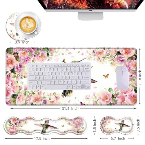 Mouse Pad,Large Desk Mat Set, 4in1 XL Mousepad + Keyboard Wrist Rest+Mouse Wrist Rest+Coaster with Ergonomic Desk Pad for Home Office Table Computer Cover -Flower Hummingbird - color: Flower Hummingbird