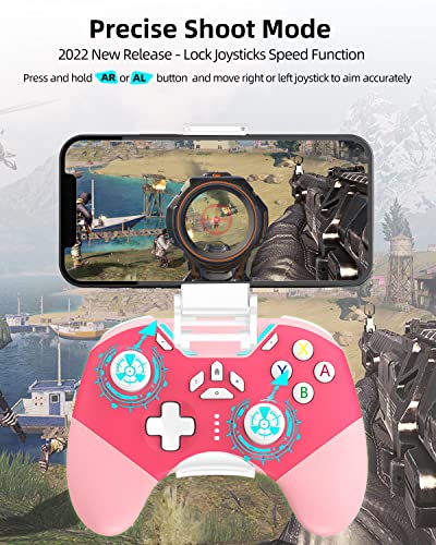 Hall Effect iPhone Controller with Phone Clip, Wireless Bluetooth Game Controller for Android/iPhone/Apple Arcade MFi Games/PC/Switch with Macro/Lock Joystick Speed/6-Axis/Motors/Turbo/ABXY FUN Switch - color: Pink