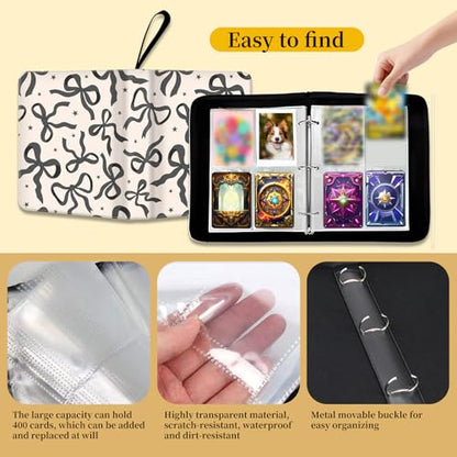 AXUASSILD 4 Pocket Card Binder, Premium Trading Card Holder Fits 400 Cards With 50 Removable Sleeves, Cute Portable Collection Card Ablum Holder Beautiful Black Bowtie - color: Beautiful Black Bowtie