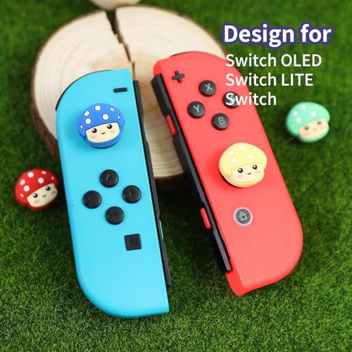 Switch Joycon Thumb Grips Caps, 4 PCS Cute Kawaii 3D Silicone Analog Thumbstick Button Cover Compatible with Nintendo Switch Lite/OLED Joystick Caps (Multicolor Mushroom) - color: Multicolor Mushroom