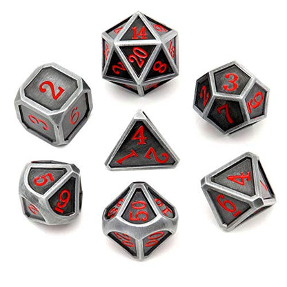 Haxtec Ancient Silver Metal DND Dice Set D&D 7PCS Large Rounded Antiue Iron RPG Dice Red Numbers for Dungeons and Dragons TTRPG Game Gifts',Standard size - color: Silver