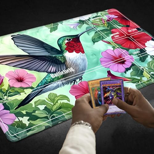 MTG Playmat with Zones, TCG Card Game Play Mat with Stitched Edges, Non-Slip Rubber Base Gaming Desk Mat, Smooth Surface 24 x 14 Inch, Hummingbird Flowers - color: Hummingbird Flowers, size: Zone 1