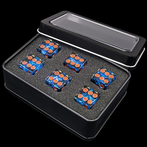 AUSTOR 6 Sided Dice 16mm, 6 Pieces D6 Dice Handmade Sharp Edge Resin Dices Set with Metal Case for Tenzi, Farkle, Yahtzee, Bunco or Teaching Math, Flame Red & Ice Blue - color: Flame Red & Ice Blue