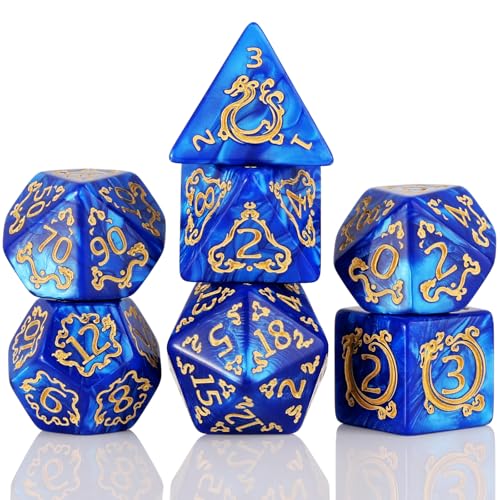 DND Dice Set - 7 Polyhedral Role Playing Dice with Gold Dragon Design, Acrylic D&D Dice Perfect for Dungeons and Dragons, Pathfinder, Warhammer, RPG Games (Blue) - color: Gold Dragon-blue