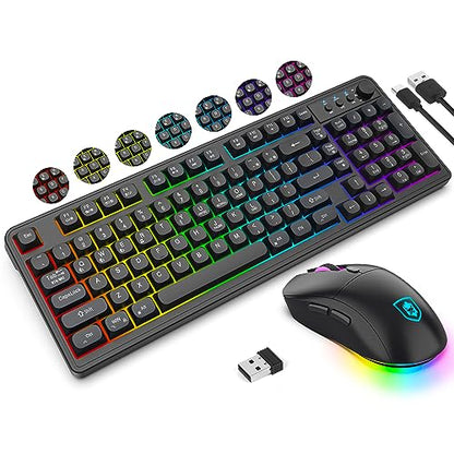 KOLMAX BT98 Wireless Keyboard and Mouse Combo,Triple Mode 2.4G/Wired/Bluetooth Gaming Keyboard and Mouse,Rechargeable Ergonomic RGB Backlit Light Up Keyboard Mouse with Knob for PC/Mac/Tablet - color: BT98 Black