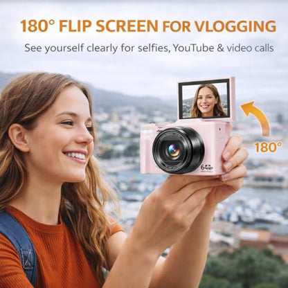Acuvar 4K Digital Camera for Photography, 64MP Vlogging Camera with Flip Screen, WiFi, Wide Angle Lens, 16X Zoom, Compact Camera for YouTube, Travel, Beginners with 64GB Card - style: Starter Camera Kit