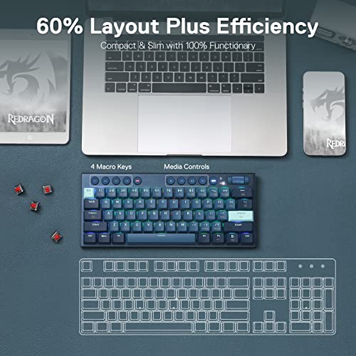 Redragon K632 PRO 60% Wireless RGB Mechanical Keyboard, BT/2.4Ghz/Wired Tri-Mode Ultra-Thin Low Profile Gaming Keyboard w/No-Lag Connection, Dedicated Media Control & Linear Red Switch