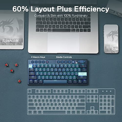 Redragon K632 PRO 60% Wireless RGB Mechanical Keyboard, BT/2.4Ghz/Wired Tri-Mode Ultra-Thin Low Profile Gaming Keyboard w/No-Lag Connection, Dedicated Media Control & Linear Red Switch