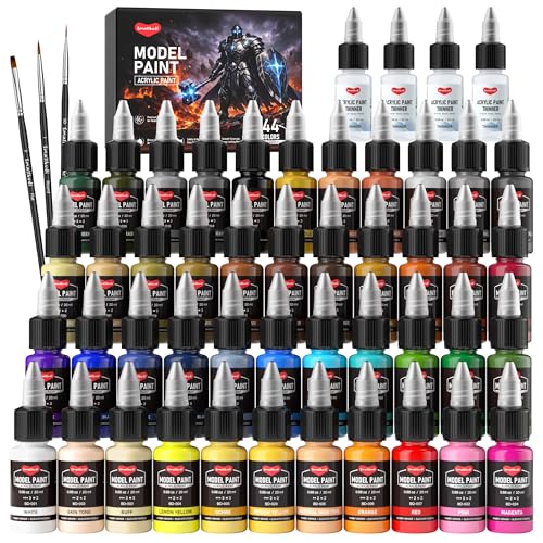 Smallbudi 44 Colors Model Paint Set 20ml/0.6Oz Miniature Acrylic Paint | With 3 Brushes & 4 Thinners for Brush Use & Airbrushing, Modeling Paint Set for Miniatures, Gaming Figures, 3D Prints, Crafts - color: 44 Colors with 4 Thinner