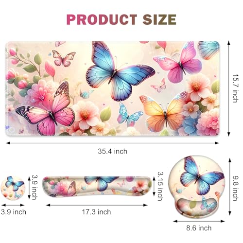 Gaming Mouse Pad, Large Desk Mat, 4in1 XXL Mousepad Cute Desk Pad Protector | Keyboard Wrist Rest+Mouse Wrist Rest+Coaster Set with Ergonomic Desk Pad for Home Office PC Computer, Butterflies Flowers - color: Butterflies Flowers