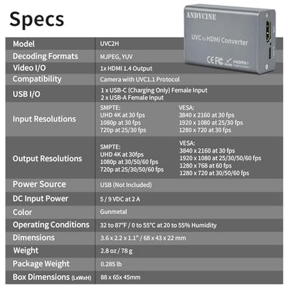 ANDYCINE UVC2H UVC to HDMI Converter/Adapter with Power Delivery, Compatible with DJI Osmo Action 4/5 & Pocket 3,Pocekt 4, Insta360, USB to HDMI, for Live Streaming, Webcam to TV/Monitor/Capture Card