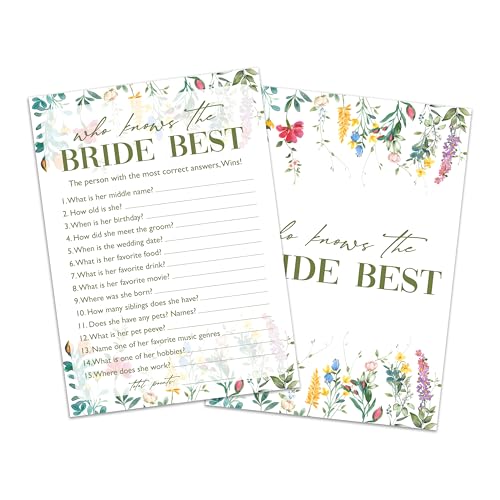 Who Knows The Bride Best Game Cards, Wildflower Bridal Shower Games Card, Floral Wedding Shower Games Set, 25 Game Cards for Bridal Shower Wedding Bachelorette Engagement, 02 - style: Who Knows The Bride Best