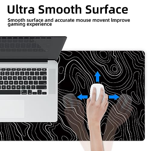 Galdas Mouse Pad For Gaming,XXL XL Large Mouse Mat Long Extended MousePad Desk Mat Non-Slip Rubber Mice Pads Stitched Edges Thin (31.5 x 11.8 x 0.12 Inches) Topographic Map - color: Topographic Map Balck